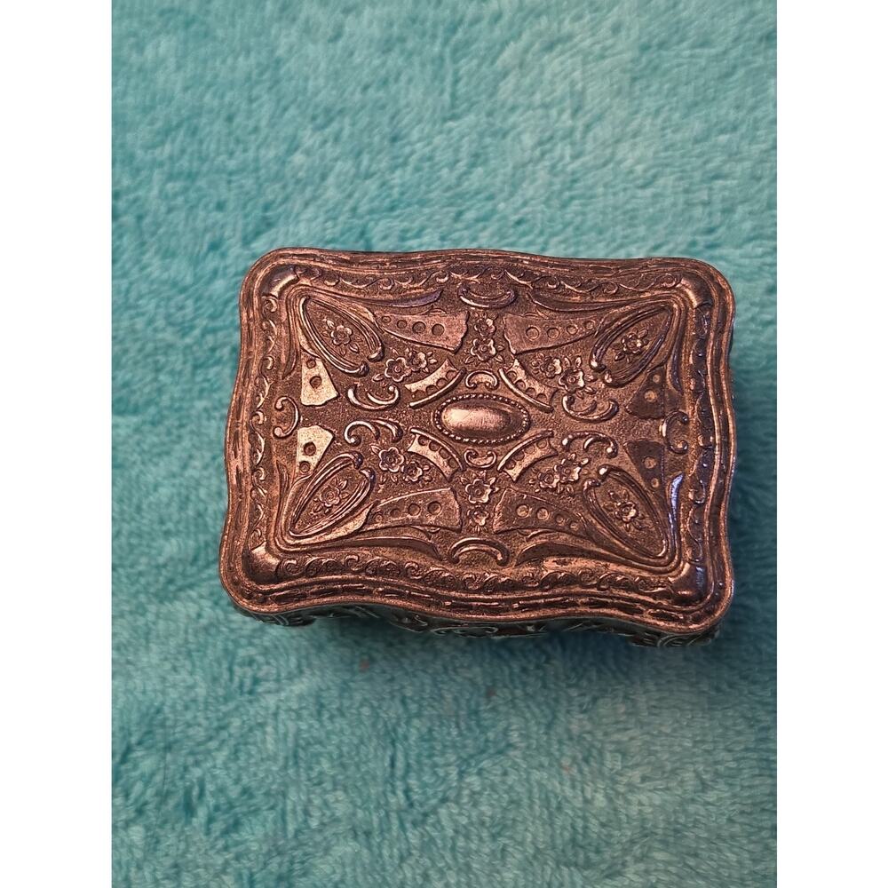 Vintage Art Nouveau Metal Casket Trinket Box Footed Jewelry Ring Case Red Lining - Picture 2 of 6